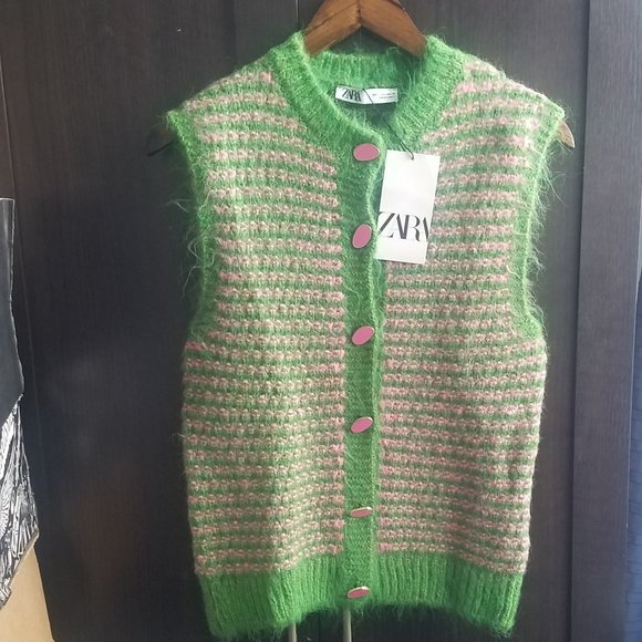 Zara Jackets & Blazers - NWT GREEN PINK VINTAGE LONG KNIT VEST